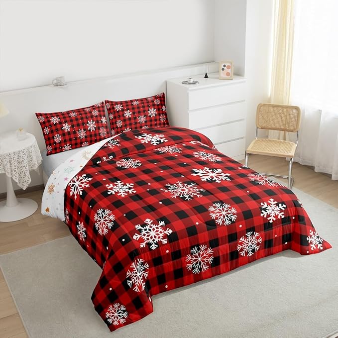 Feelyou Christmas Kids Comforter Set Queen Size Snowflake Red Bedding Set Red Black Plaid Duvet Quilt for Kids Boys Girls Bedroom Winter Snow Decor Microfiber Ultra Soft Breathable