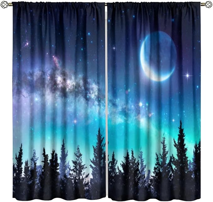 Galaxy Forest Blackout Curtains, Night Starry Sky Stars Moon Aurora Borealis Window Drapes for Bedroom Living Room Home 84" W X 84" L