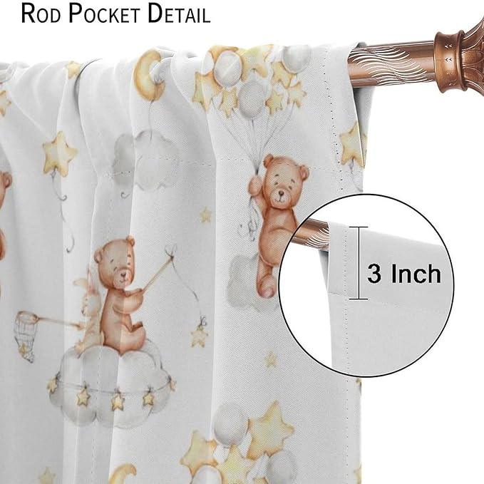 Cartoon Bear Curtains, Cute Lovely Bear Star Cloud Ballon Pastel Blackout Window Treatments, Rod Pocket Thermal Insulated Drapes 2 Panel Sets for Kids Bedroom Nursery Classroom, 42" W X 63" L