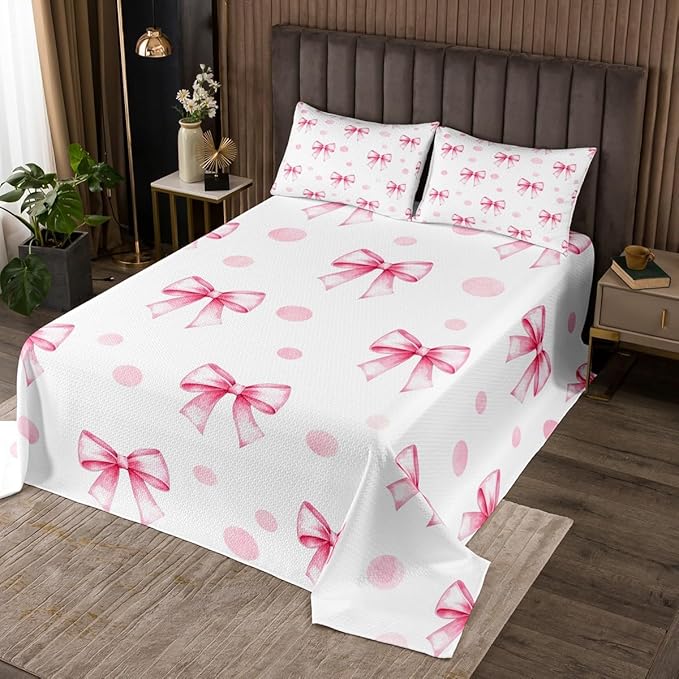 Pink Bow Princess Bedspread Twin Size,Bowknot Geometric Dots Toddler Coverlet Set,Girls Women Room Decor,Butterfly Knot Bow Tie Romantic Quilted Coverlet,White Simple Bedding Quilt,1 Pillowcase