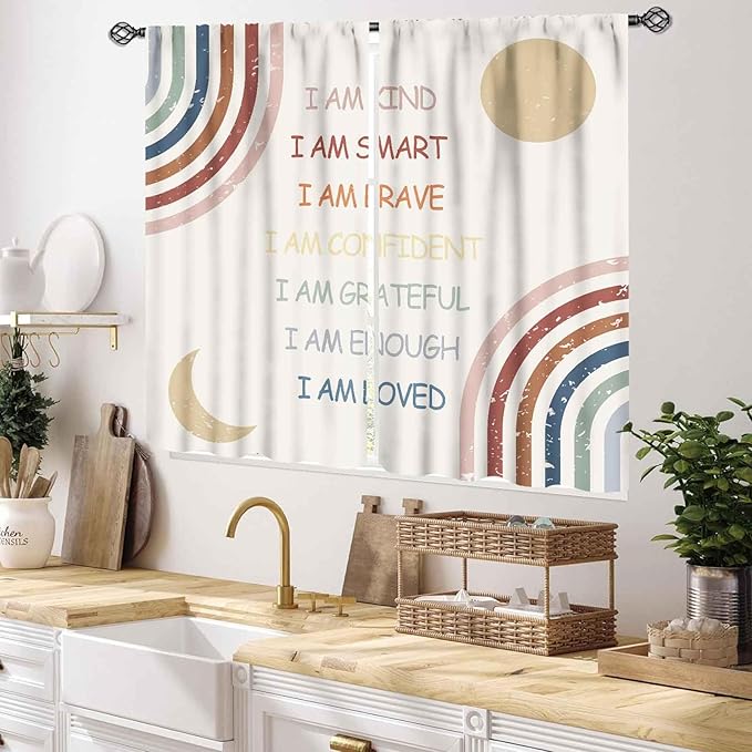 Rainbow Curtains for Girls Bedroom, Boho Rianbow Quotes Inspirational Motivational Positive Colorful Pastel Window Drapery for Baby Kids Living Room Toddler Nursery Classroom 2 Panels, 55x39 Inch