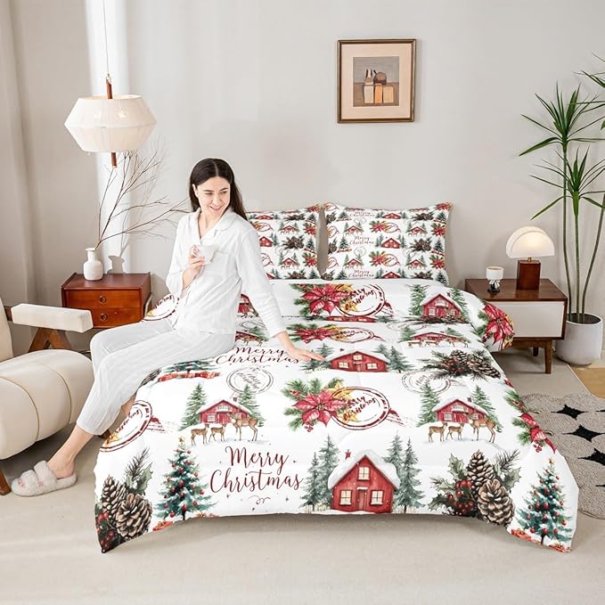 Merry Christmas Kid Comforter Set Full Size,Poinsettia Winter Xmas Pine Tree Bedding Set,Room Decor,Snowflake Rustic Farmhouse Quilt Comforter,Red Green White Duvet Set Bedroom Quilt Set,2 Pillowcases
