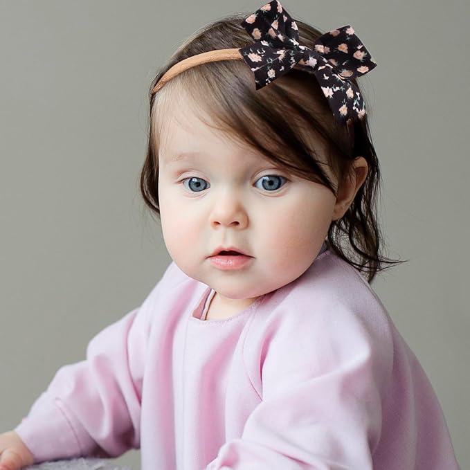 cherrboll Baby Girl Nylon Headbands, 3Pcs Handmade Floral Hair Bows, Stretchy Flower Hairbands for Newborns Infants Toddlers