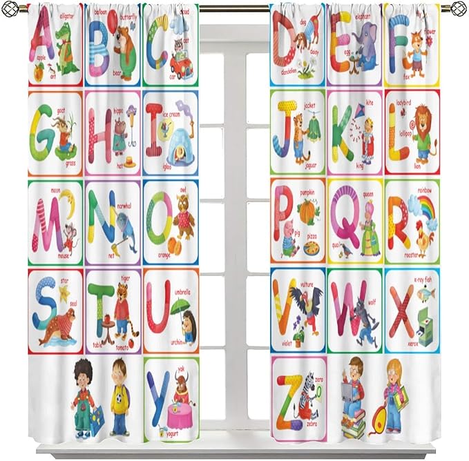 Kids Alphabet Curtains Cartoon Animal Funny Education Learning Curtain with Rod Pocket for Bedroom Nursery Children Toddler Decor Drapes Window Treatments 2 Panels Set 63" W X 72" L