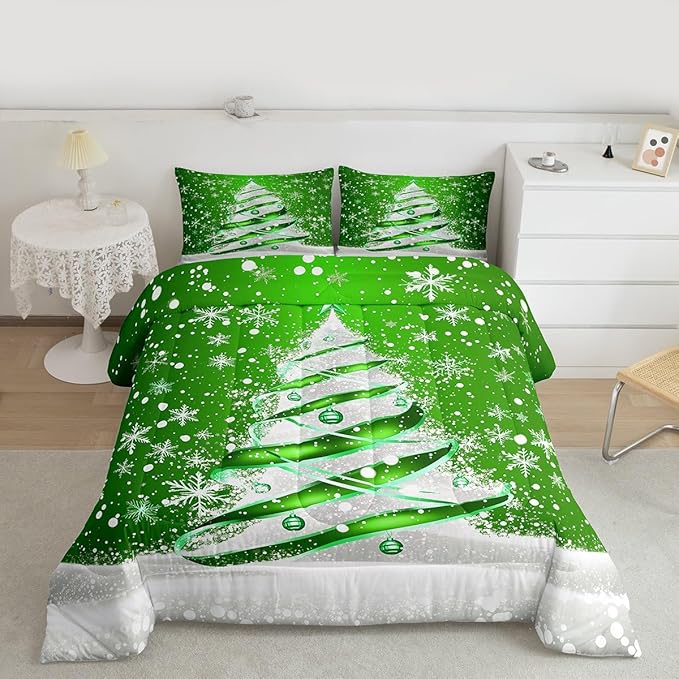 Feelyou Merry Christmas Comforter Set All Season Christmas Tree Bedding Set with 2 Pillow Cases Snowflake Microfiber Kids Full Bedclothes Winter Bedroom Decor Duvet Quilt Breathable Soft