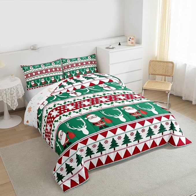 Feelyou Merry Christmas Tree Comforter Set King Size Cute Snowman Bedding Set for Kids Boys Girls Santa Claus Duvet Quilt Cartoon Bowknot Bedroom Decor Microfiber 3 Pcs with 2 Pillow Cases
