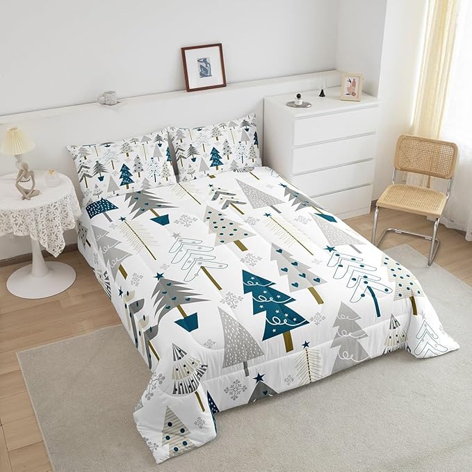 Xmas Trees Comforter Set Queen Size,Merry Christmas Pine Hand Drawn Bedding Set for Women Adult,Blue Plant Snowflakes Winter Luxury Bed Duvet Insert, 2 Pillowcases