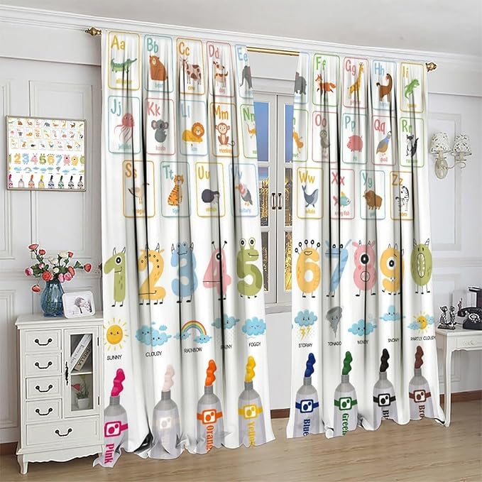 Alphabet Learning Curtain for Kids, Colorful Cartoon Animal Multiplication Table Educational, Classroom Child Printed Rod Pocket Blackout Window Drapes for Bedroom Living Room 84" W X 84" L