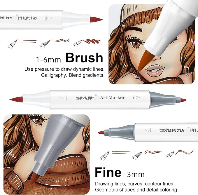 SFAIH Skin Tone Alcohol Markers Brush & Fine - 12 Dark Portrait Colors, Blendable & Refillable Permanent Art Markers for Adults/Teen/Artists/Creators & Illustrators