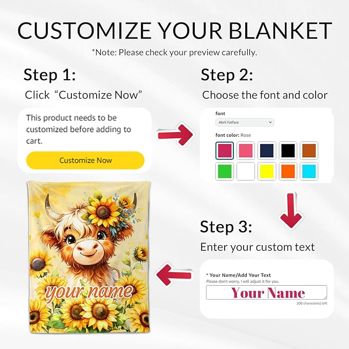 Personalized Highland Cow Blanket Gifts - 40" x 50" Inches Cartoon Highland Cow Throw Blanket for Girls - Yellow Soft Furry Throw Gift for Sofa, Crib & Bed
