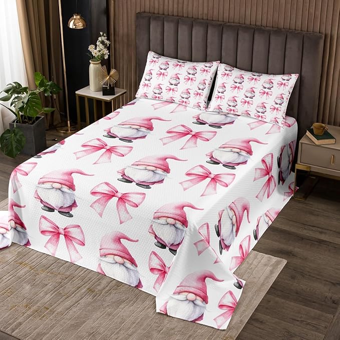 Manfei Pink Bowknot Kids Bedspread Twin Size,Cartoon Gnomes Tale Castle Toddler Coverlet Set,Girls Women Room Decor,Pink Bow Tie Knot Princess Quilted Coverlet,Cute Fashion Bedding Quilt,1 Pillowcase