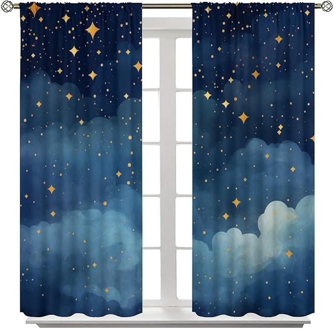 Night Sky Stars Curtain for Kids, Blue Starry Space Galaxy Pattern Window Treatments for Boys Girls Bedroom Toddlers Room Living Room 52" W X 84" L