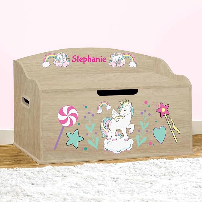 DIBSIES Personalized Creative Wonders Toy Box, Unicorns & Rainbows, 30 x 19.25 x 18 inches, Soft-Close Lid (Natural)
