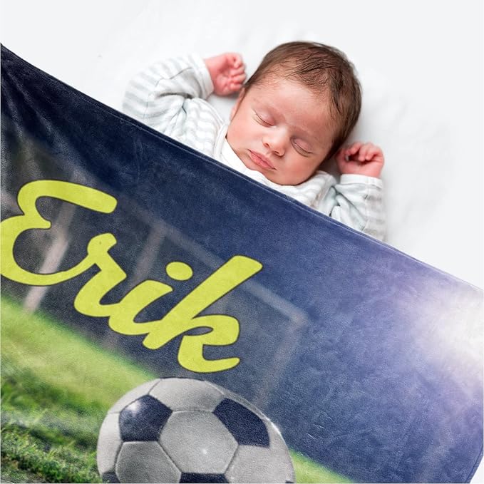 Personalized Baby Balll Soft Blanket: Custom Kids Soccer Design Blanket with Name and Number - Bedding Gifts for Infants Toddlers Adults 30x40inch
