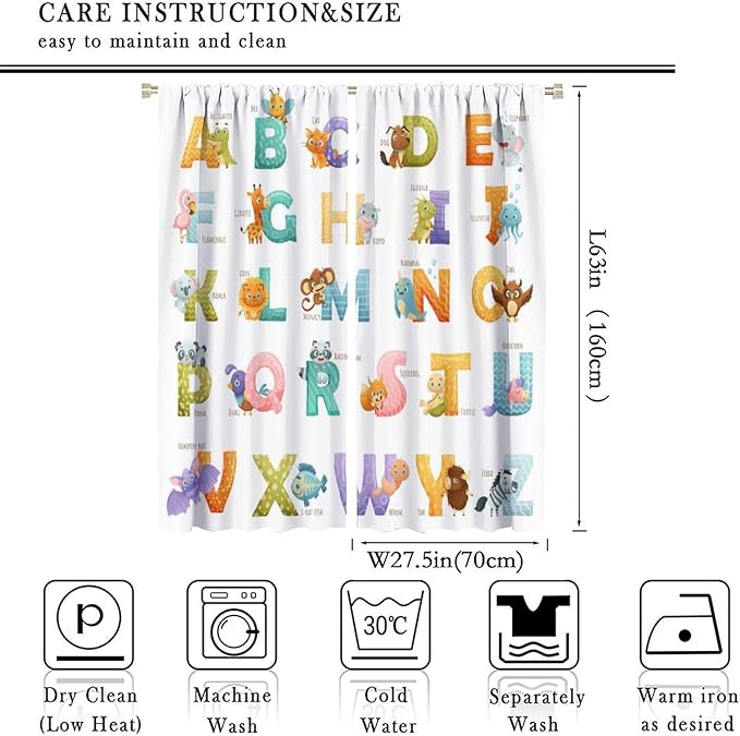 Kids Alphabet Curtains Educational Baby Cartoon Animals Colorful Cute Curtain with Rod Pocket for Nursery Living Room Home Decor Drapes Window Treatments 2 Panels Set 55x63in