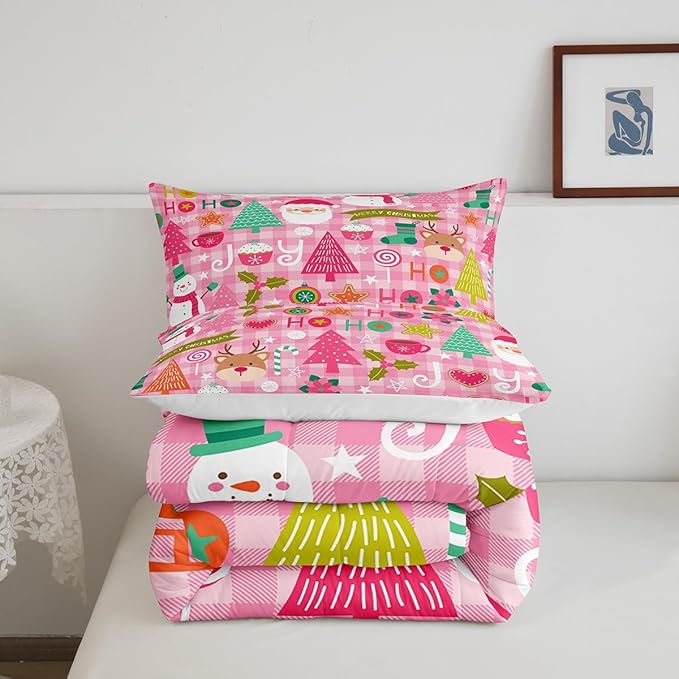 Merry Christmas Kids Comforter Set King Size,Cartoon Santa Claus Snowman Deer Xmas Bedding Set,Boys Girls Adults Room Decor,Geometric Grids Down Comforter,Pink Romantic Duvet Insert,2 Pillowcases