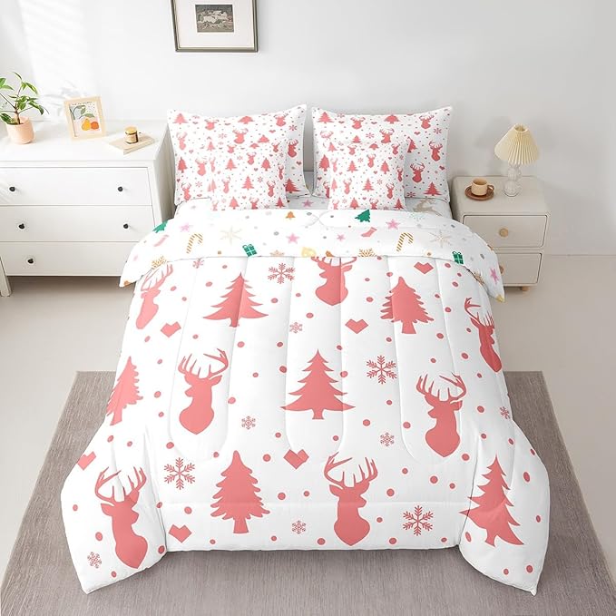 Merry Christmas Bed in a Bag for Boys Girls Deer Silhouette Antler Cute Wildlife Bed Set Xmas Tree Snowflake Comforter Set with Sheets Pink Bedding Set Bedroom Collection Full Size