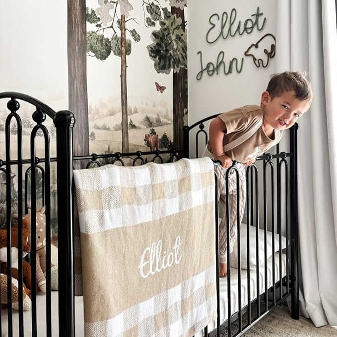 Personalized Gingham Name Blanket – 100% Organic Cotton Customized Baby Blanket, Custom Name, Bassinet 30x40, Gift for Baby Shower, Birthday Present, Girls and Boys, Toddlers Kids, Made In America