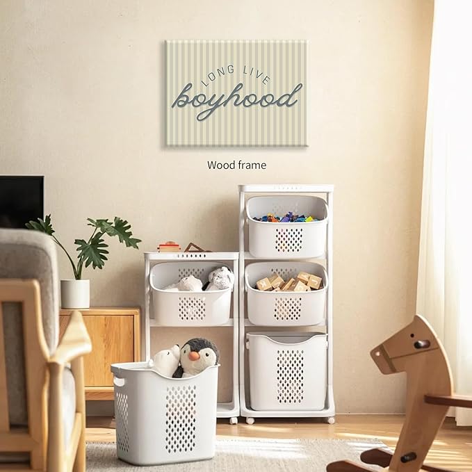 Long Live Boyhood Quote Wall Art Preppy Blue Stripe Poster 24x36 inch Framed Modern Fashion Minimalist Canvas Prints for Boy Nursery Bedroom Wall Decor