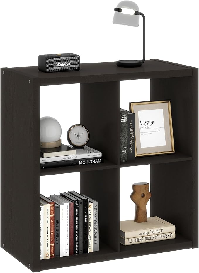 4 Black Cube Storage Organizer, 14.6" x 30" x 30" Wooden Cube Storage Organizer with Four Organized Spaces, 2 x 2 Closet Cubbies for Bedroom, Living Room, Playroom, Dark Brown