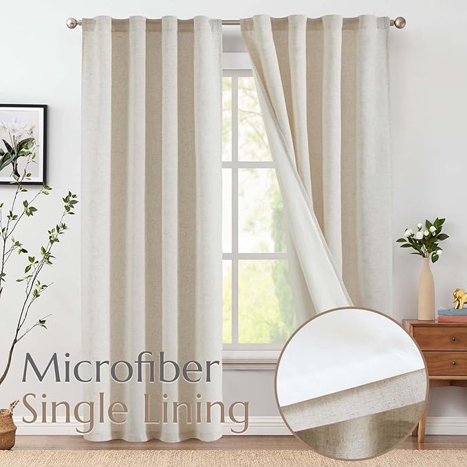 jinchan Beige Lined Linen Blend Curtains for Bedroom 90 Inches Length 2 Panels for Closet, 38 Inches Wide Natural Farmhouse Drapes with Rod Pocket Back Tab (38W x 90L, Ecru)