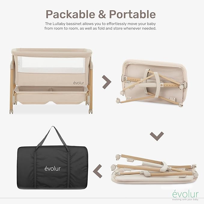 évolur Lullaby Portable Bassinet with Wheels, Adjustable Bedside Sleeper, Breathable Mesh Sides, Large Storage Basket, Easy Fold, and Travel Bag Included, Perfect for Newborns & Infants - Biege