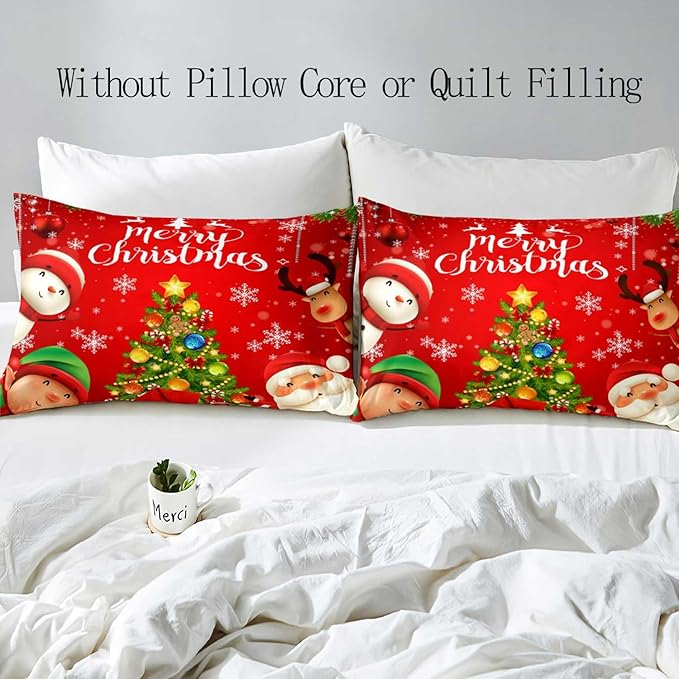 LUVIVIHOME 2PCS Christmas Duvet Cover Twin Bedding Sets, Kids Bedding, Santa Claus Snowman Reindeer Elf Snowflake Christmas Tree Holiday New Year Xmas Red Christmas Comforter Quilt Cover 1 Pillow Sham