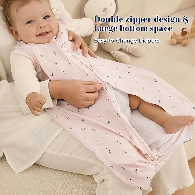 PHF Soft Baby Sleep Sack 0-6 Months 100% Organic Cotton Wearable Blanket, 2-Way Zipper 0.5 TOG Toddler Sleeping Sack 3 Pack, Comfy Sleep Bag for Baby Girls, Pink Floral (Small)