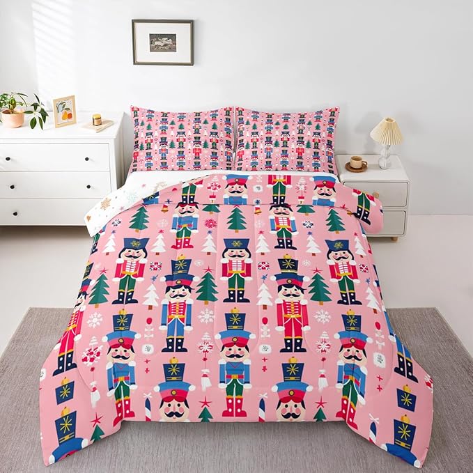 Feelyou Cute Nutcracker Kids Comforter Set Twin Christmas Tree Bedding Set Xmas Snowflake Duvet Quilt for Kids Boys Girls Bedroom Colorful Soldier Decor Candy-Cane Designs Microfiber Soft Breathable