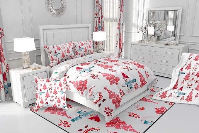 Feelyou Merry Christmas Comforter Set All Season Xmas Tree Snowman Bedding Set with 2 Pillow Cases Santa Claus Microfiber Kids Queen Bedclothes Bedroom Decor Duvet Quilt Breathable Soft