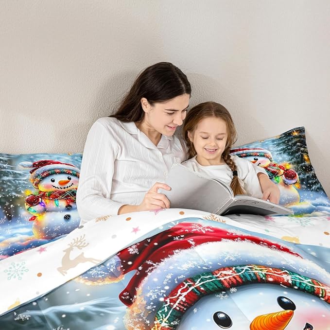 Lovely Snowman Kids Comforter Set Full Size,Xmas Colorful Lanterns Snowflake Bedding Set,Girls Boys Room Decor,Winter Merry Christmas Quilt Comforter,Rainbow Duvet Set Bedroom Quilt Set,2 Pillowcases