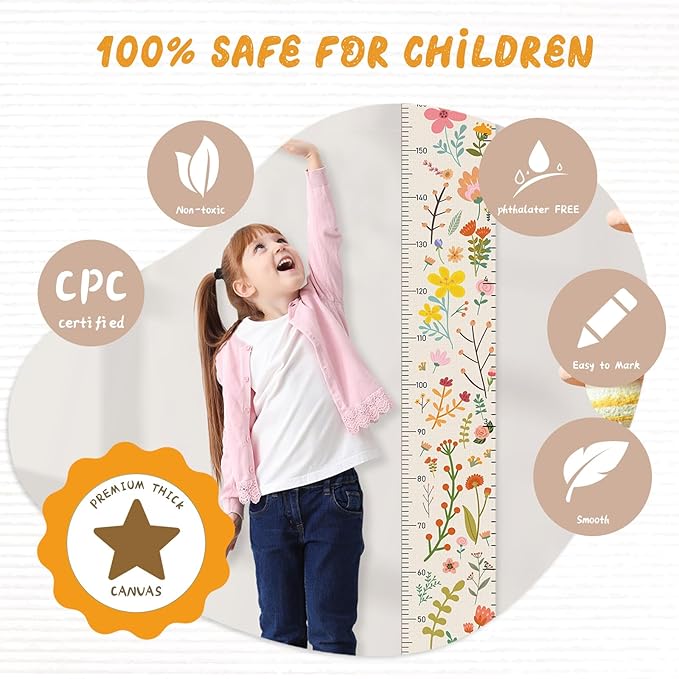 Personalized Name Growth Chart Wall Decor for Kids – Canvas Removable Height Chart Measuring Ruler 59" x 7.9" (Flowers and Plants)