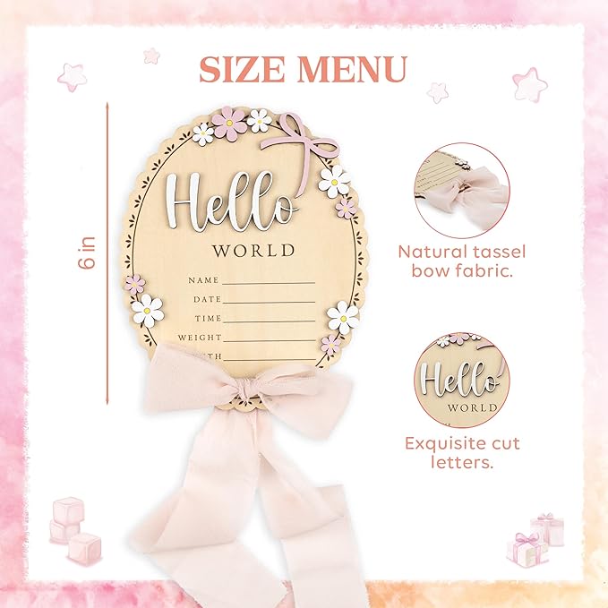 Baby Announcement Sign with Stand & Marker – Hello World Wooden Name Plaque for Newborn Photoshoot, Baby Shower, Rustic Keepsake Birth Stat Sign for Hospital Birth Announcement (Light pink ribbon)