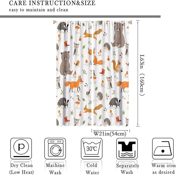 Forest Animal Curtains for Kids, Cartoon Safari Woodland Animals Window Treatments Cute Wild Jungle Bear Fox Deer Bear Window Drapes for Girls Boys Nursery Toddler Bedroom 42x63in
