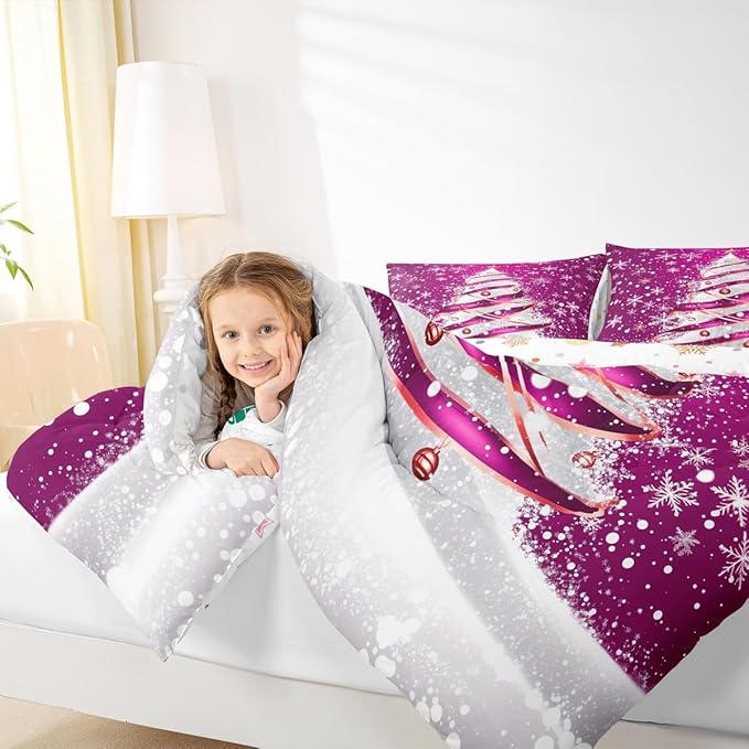 Feelyou Merry Christmas Bedding Set Soft for Boys Girls, Christmas Tree Comforter Set Queen Size Snowflake Duvet Quilt Microfiber Winter Bedroom Decor 3 Pcs with 2 Pillow Cases