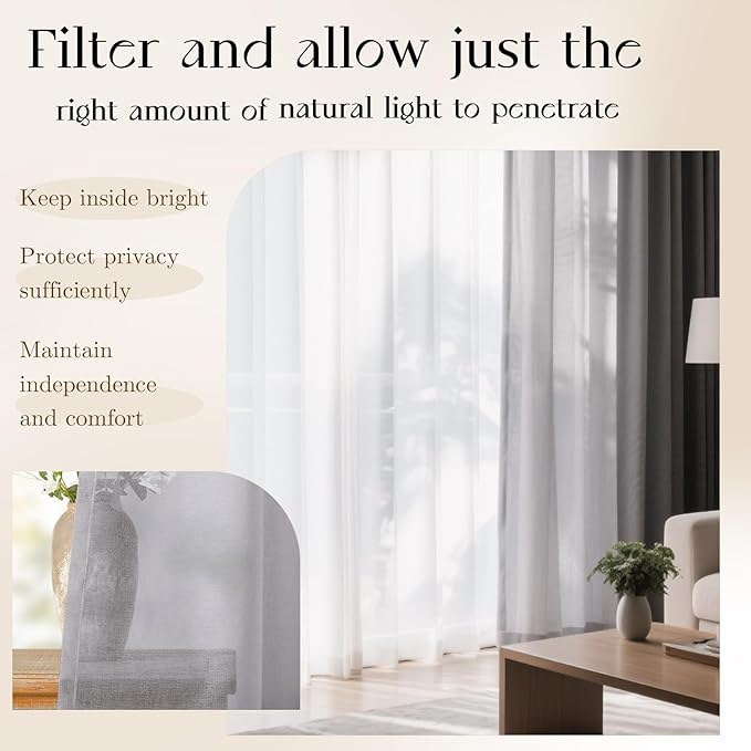 Dreaming Casa Grey Sheer Curtains 84 Inches Long, Rod Pocket & Back Tab Light Filtering Textured Sheers for Living Room Bedroom, 2 Panels, Each 52" W x 84" L