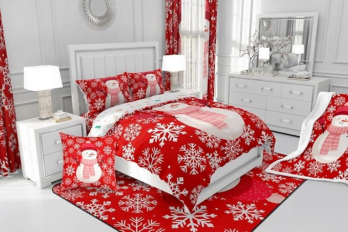 Feelyou Christmas Comforter Set All Season Snowman Red Bedding Set with 1 Pillow Cases Xmas Snowflakes Microfiber Kids Twin Bedclothes Winter Snow Bedroom Decor Duvet Quilt Breathable Soft Lightweight