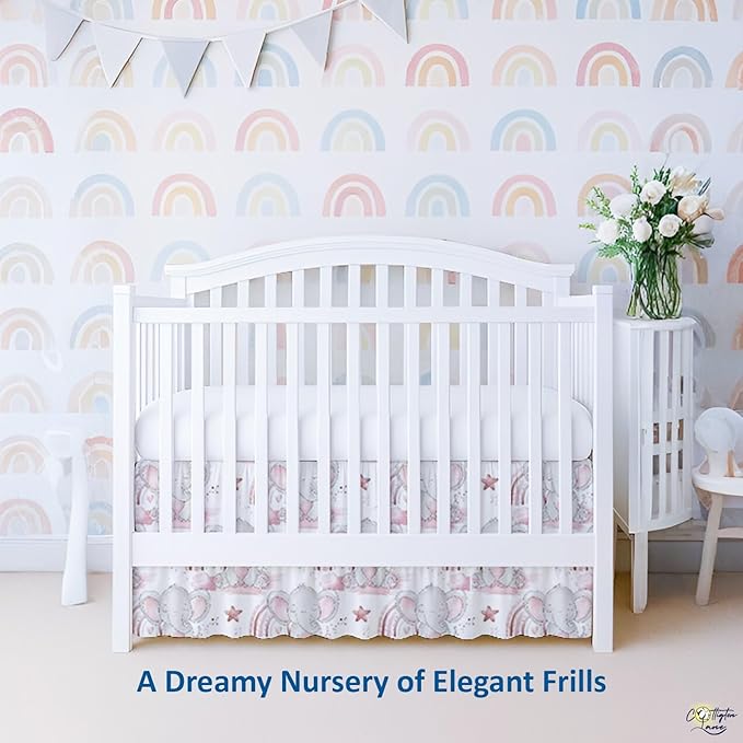 Cottington Lane Crib Skirt Dust Ruffle, 100% Natural Cotton, Soft, Durable Nursery Crib Toddler Bedding Skirt for Baby Girls or Boys, Fits Standard Cribs 28" x 52" with 14" Drop, Cute Elephant