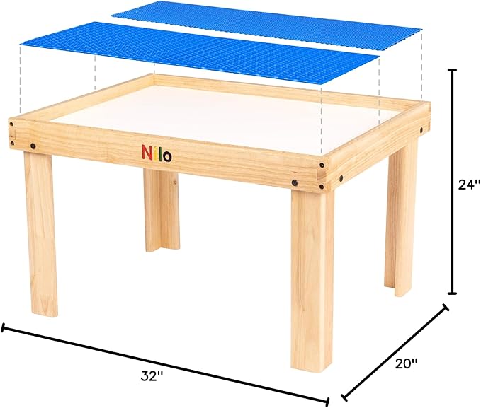 NILO Kids Activity Table Set with Two Double-Sided Baseplates/Boards/Mats (N34 Play Table with Holes, 24x32x20 and 2X Blue Base Plates 12x32)