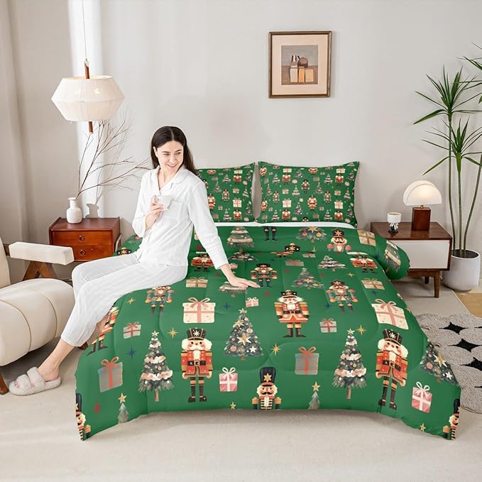 jejeloiu Xmas Nutcracker Comforter Set Twin Size Christmas Green Bedding Set for Kids Boys Girls Cute Snowflakes Duvet Quilt Bedroom Decor
