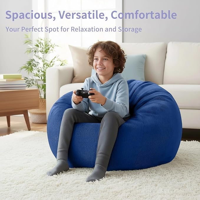Nobildonna 3 ft Bean Bag Chair Cover (No Filler) 35"×43" Large Stuffed Animal Storage Bean Bag Washable Big Beanbag Chair Cover Premium Corduroy Stuffable Bean Bag Cover for Adults,Kids,Blue 300L