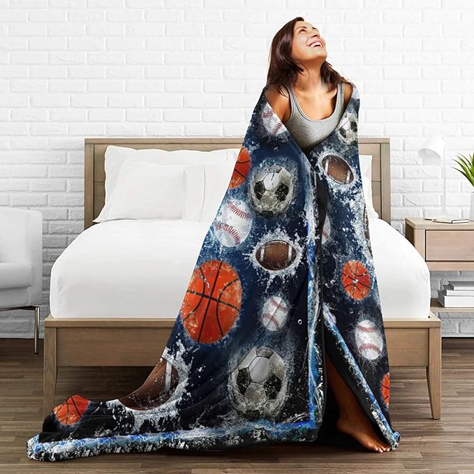 Sports Balls Blanket for Girls Boys Fans Basketball Baseball Football Soccer Throw Blankets Soft Cozy Warm Fuzzy Fleece Bedding Flannel Throws Stuff Gifts Kids Men Women Bedroom Decor 50"x40"
