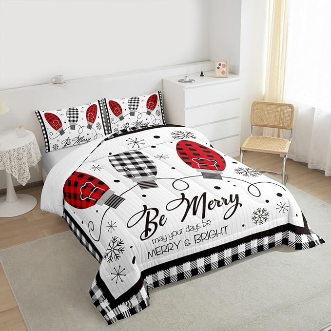 Merry Christmas Kids Comforter Set Twin Size,Geometric Grids Stylish Bedding,Girls Boys Adults Bedroom/Xmas Cabin Decor,Snowflake Bells Down Comforter,Rustic Farmhouse Duvet Insert,1 Pillowcase