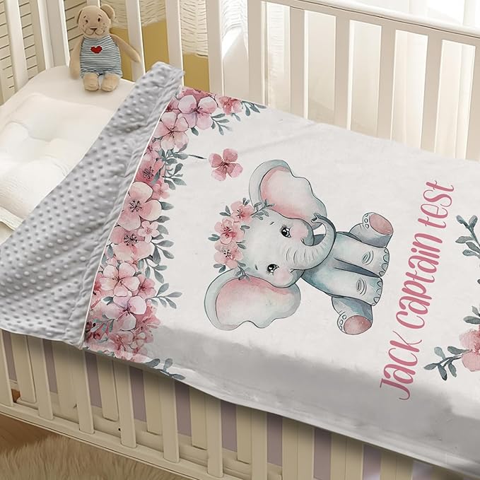 Personalized Baby Blankets for Girls Boys, Custom Elephant Baby Blanket with Name for Kids, Flannel Bed Throw Blanket for Newborn, Customized Baby Gifts for Baby Shower Nursery Blanket(47"x60)