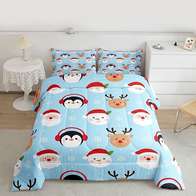 Feelyou Merry Christmas Comforter Set All Season Santa Claus Bedding Set with 2 Pillow Cases Deer Penguin Microfiber Kids Full Bedclothes Snowman Bedroom Decor Duvet Quilt Breathable Soft Lightweight