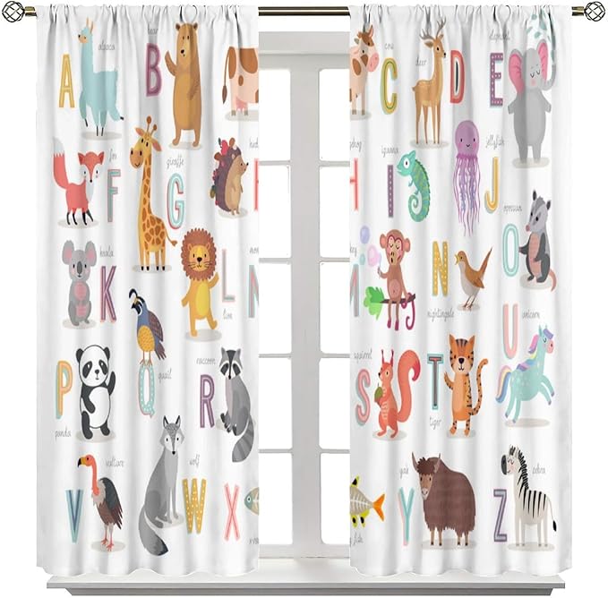 Kids Alphabet Curtains Cute Cartoon Animal Funny Educational Learning Curtain with Rod Pocket for Nursery Bedroom Playroom Home Decor Drapes Window Treatments 2 Panels Set 72" W X 63" L