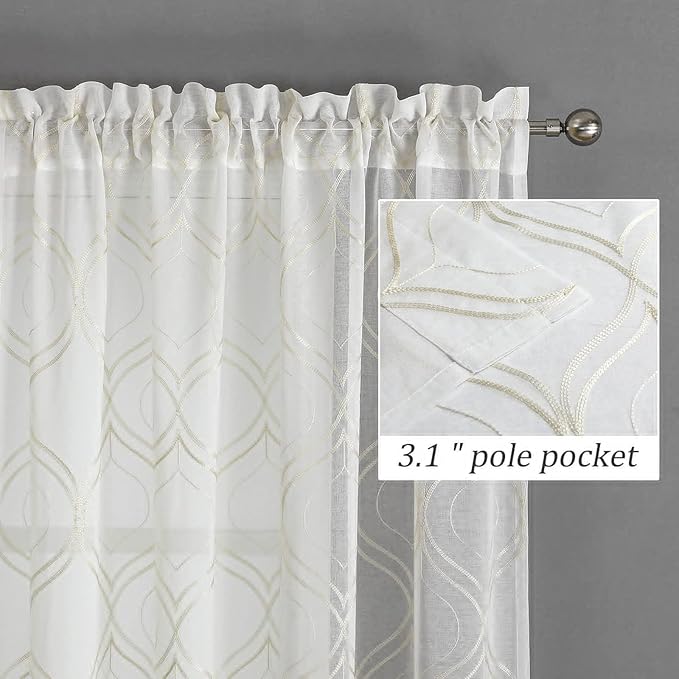 VISIONTEX White Sheer Curtains 120 Inches Long 2 Panels Set Beige Moroccan Embroidered Curtains Trellis French Textured Rod Pocket Voile Tulle Semi Window Drapes for Bedroom Living Room 54 x 120 Inch