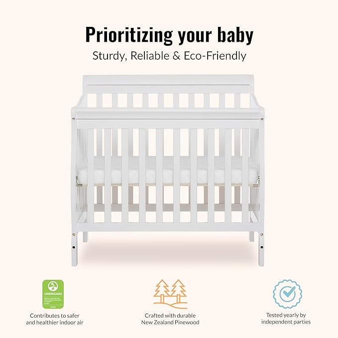 Dream On Me Aden 4-in-1 Convertible Mini Baby Crib in White, GreenGuard Gold & JPMA, Sustainable Pinewood, Non-Toxic Finish, 3 Mattress Heights, Converts to Mini Day & Twin-Size Bed