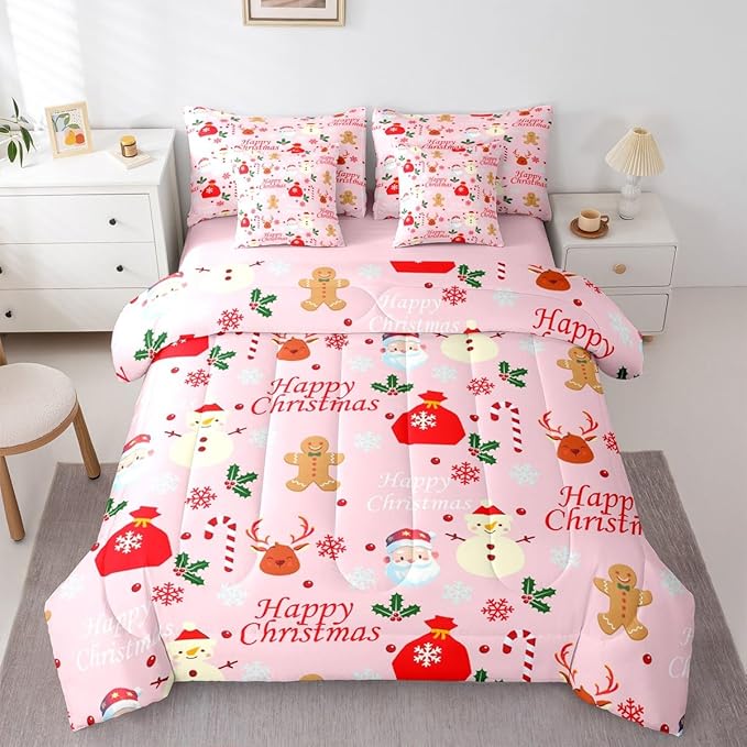 Christmas Deer Queen Comforter Set with Sheets for Kids Boys Girls Cute Gingerbread Man 7 Pieces Bedding Set Christmas Santa Claus Bed in a Bag Reversible Pink Decor Room Decor Soft Lightweight