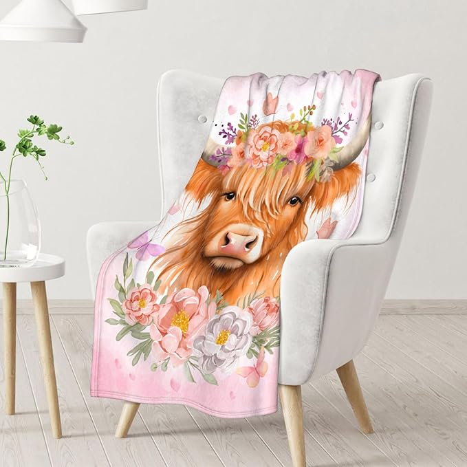 Highland Cow Gifts for Women - 60" x 80" Inches Highland Cow Throw Blanket for Adults - Pink Soft Fuzzy Blankets for Sofa, Bed & Living Room